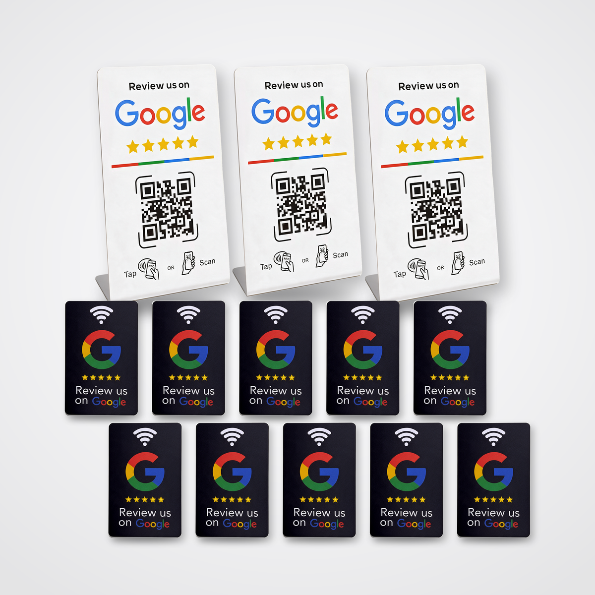 Restaurant-pakken – 10 sorte Google Reviewkort + 3 Google Reviewstandere
