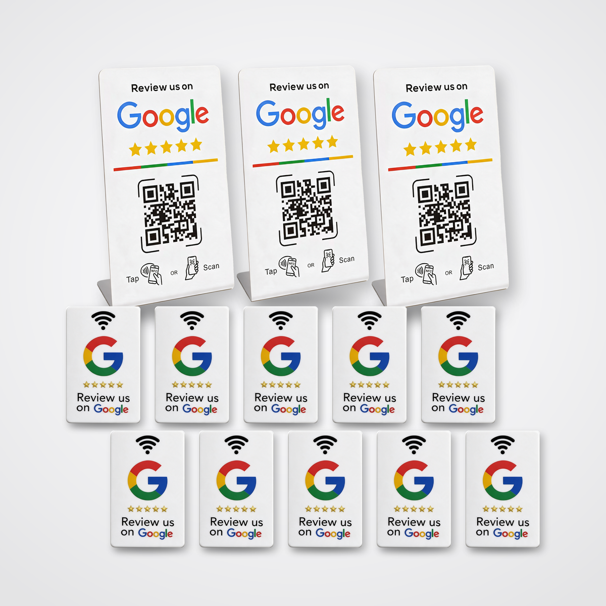 Restaurant-pakken – 10 hvide Google Reviewkort + 3 Google Reviewstandere
