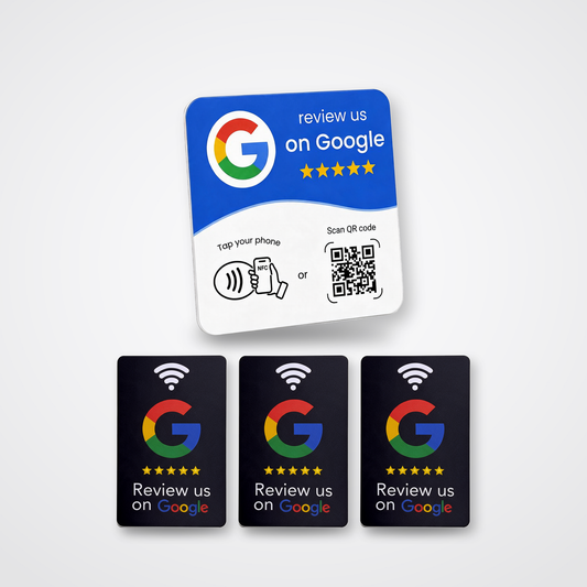 Iværksætter-pakken – 3 sorte Google Reviewkort + 1 Google Anmeldelsesplade