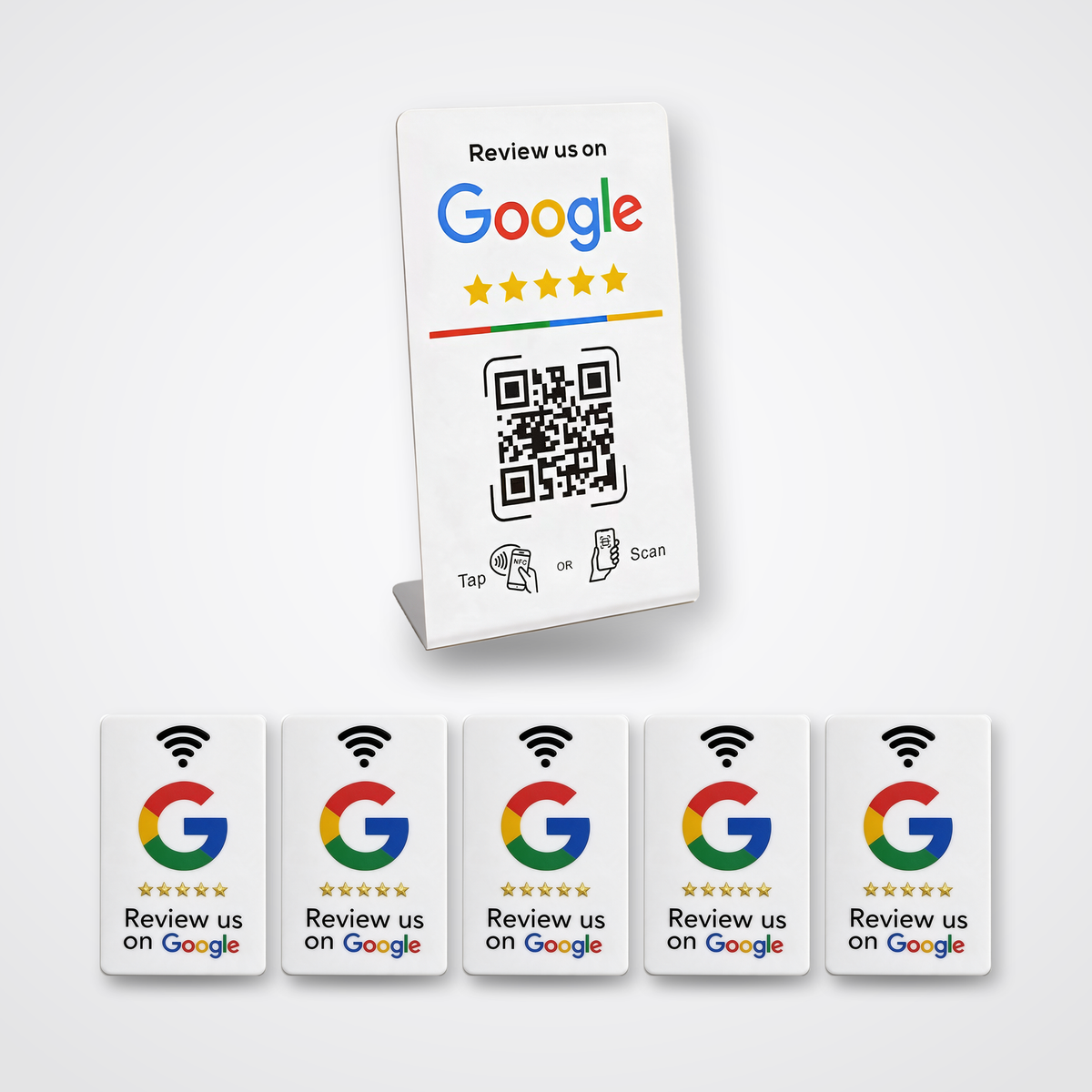 Salon-pakken – 5 hvide Google Reviewkort + 1 Google Reviewstander
