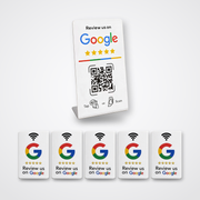 Salon-pakken – 5 hvide Google Reviewkort + 1 Google Reviewstander